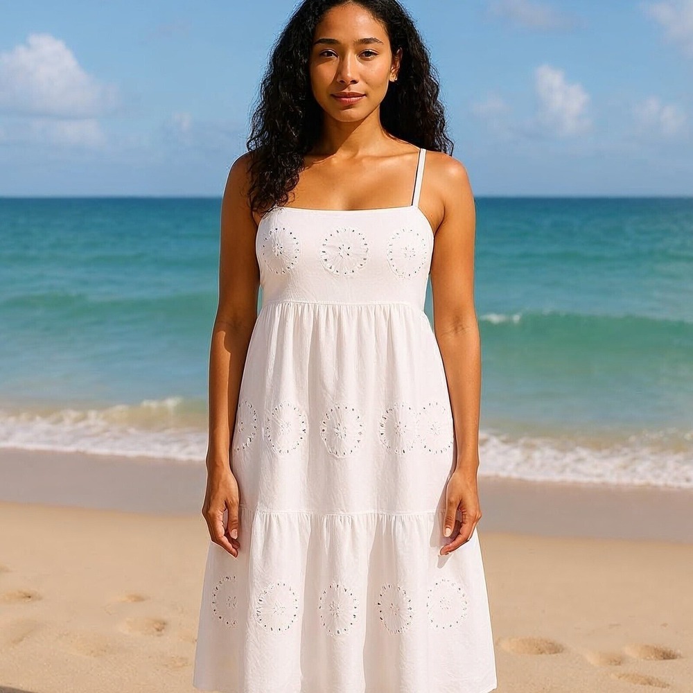 NEW 100% Cotton Maxi Beach Dress 2X - White Eyelet Tiered Boho Peasant‎